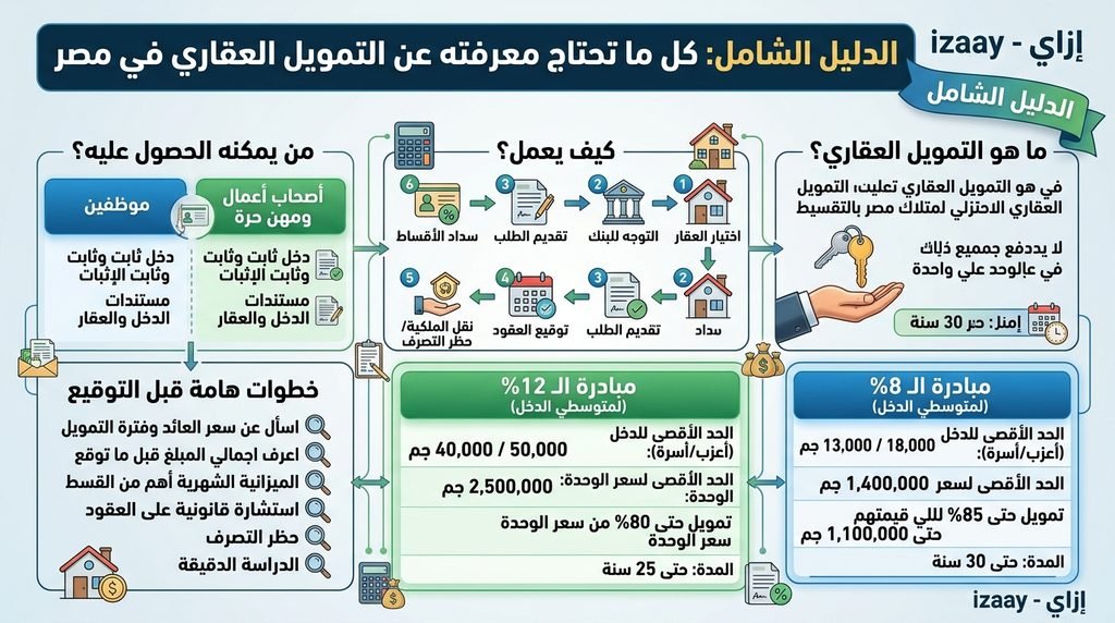 إنفوجرافيك مالي متكامل يحمل شعار موقع إزاي izaay يلخص مقال التمويل العقاري في مصر، ويضم فقرات: ما هو التمويل العقاري، كيف يعمل، من يمكنه الحصول عليه، شروط مبادرات الـ 8% والـ 12% لمتوسطي الدخل، ونصائح هامة قبل التوقيع.