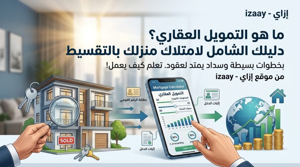 إنفوجرافيك مالي يحمل شعار موقع إزاي يوضح مفهوم التمويل العقاري لشراء منزل في مصر، يظهر مجسماً لمنزل حديث مكبر بعدسة فحص، وشاشة هاتف تعرض حاسبة التمويل العقاري وأقساط السداد، مع أيقونات لبطاقة الرقم القومي وإثبات الدخل.