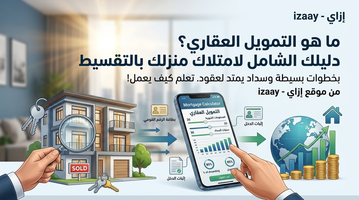إنفوجرافيك مالي يحمل شعار موقع إزاي يوضح مفهوم التمويل العقاري لشراء منزل في مصر، يظهر مجسماً لمنزل حديث مكبر بعدسة فحص، وشاشة هاتف تعرض حاسبة التمويل العقاري وأقساط السداد، مع أيقونات لبطاقة الرقم القومي وإثبات الدخل.