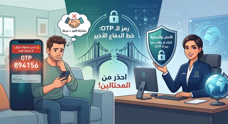 رسم توضيحي يوضح مخاطر مشاركة رمز OTP مع المحتالين لحماية الحسابات البنكية