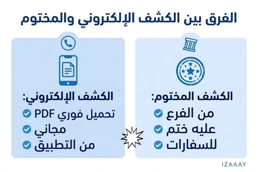 إنفوجرافيك يوضح مقارنة بين مزايا كشف الحساب البنكي الإلكتروني وكشف الحساب المختوم.
ازاي تطلع كشف حساب بنكي اونلاين مصر