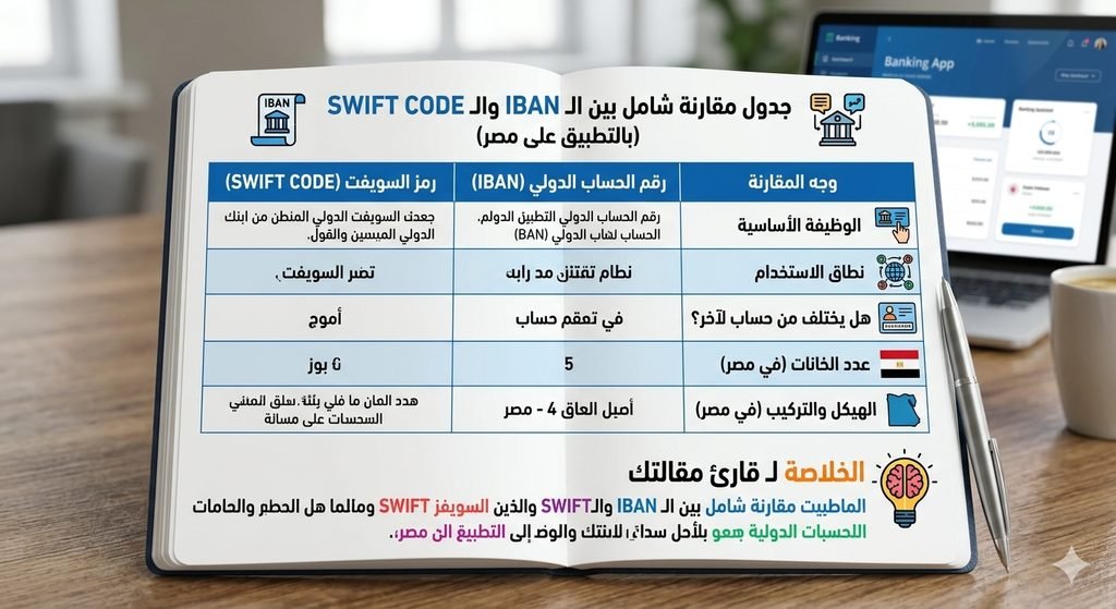 • تصميم لجدول مقارنة شامل ومبسط بين رقم الحساب الدولي IBAN ورمز السويفت كود SWIFT CODE بالتطبيق على البنوك في مصر، معروض داخل دفتر ملاحظات مفتوح بجوار حاسوب محمول وقلم.