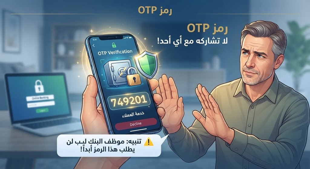 شاشة هاتف ذكي تظهر رسالة نصية قصيرة (SMS) تحتوي على رمز تحقق مؤقت OTP مكون من أرقام لتأمين عملية شراء عبر الإنترنت.
